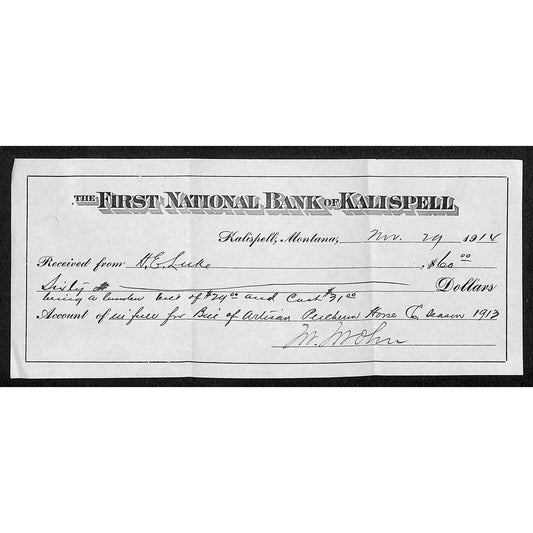 1914 FNB of Kalispell Montana Receipt Artisan Percheron Horse Company