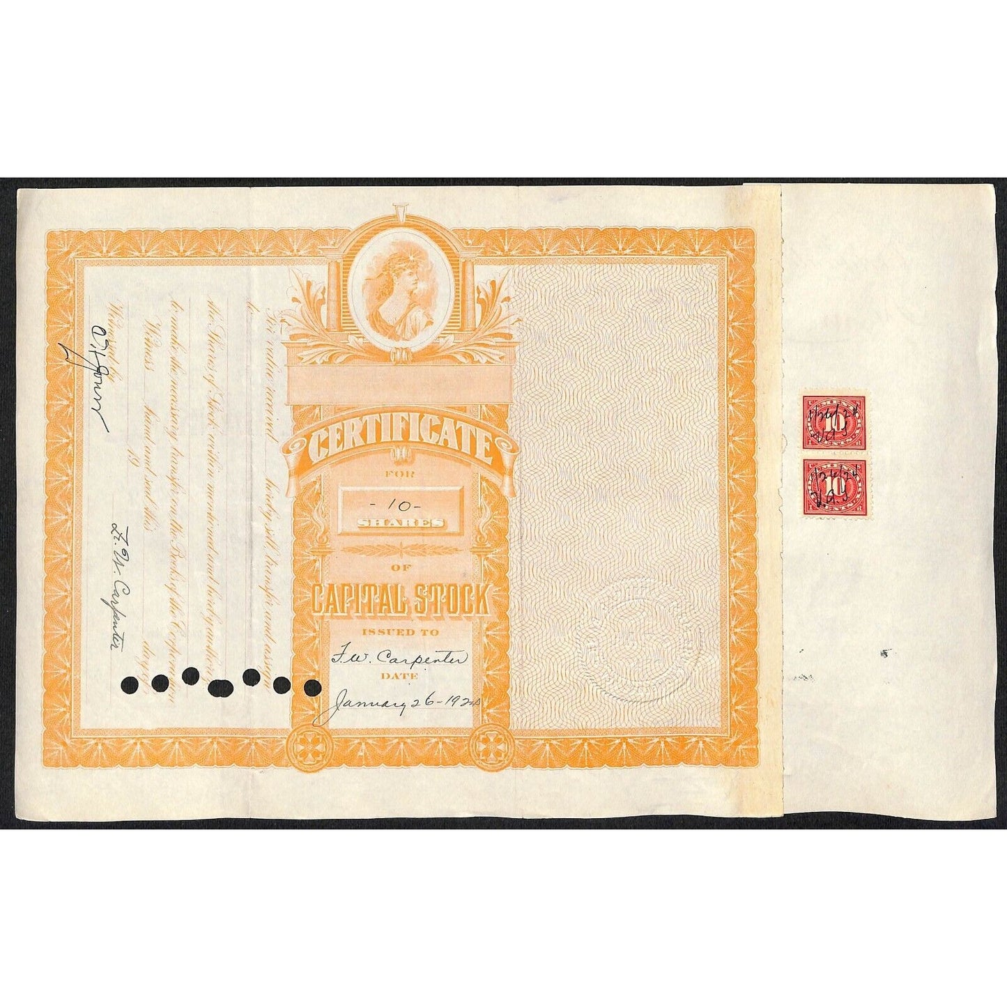 First National Bank of Lovelock, NV 1924 Stock Certificate to L.N. Carpenter ?*