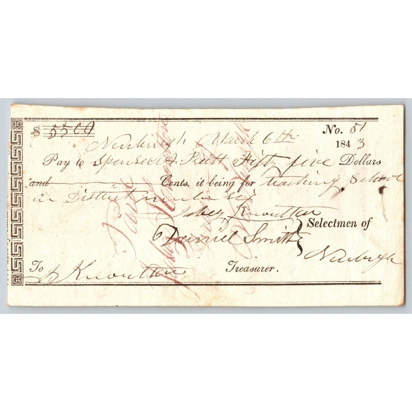 1843 Jabez Knowlton* Newburgh, ME - Town Check / Draft to Spencer & Pratt No. 49