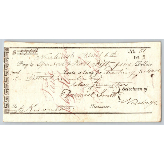 1843 Jabez Knowlton* Newburgh, ME - Town Check / Draft to Spencer & Pratt No. 49