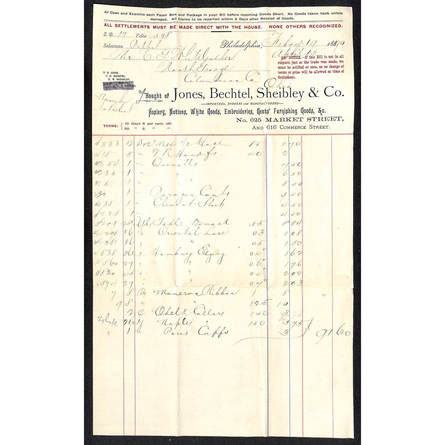Jones, Beehtel, Sheibley & Co Phila. 1890 Billhead Whiteleather* N. Georgetown