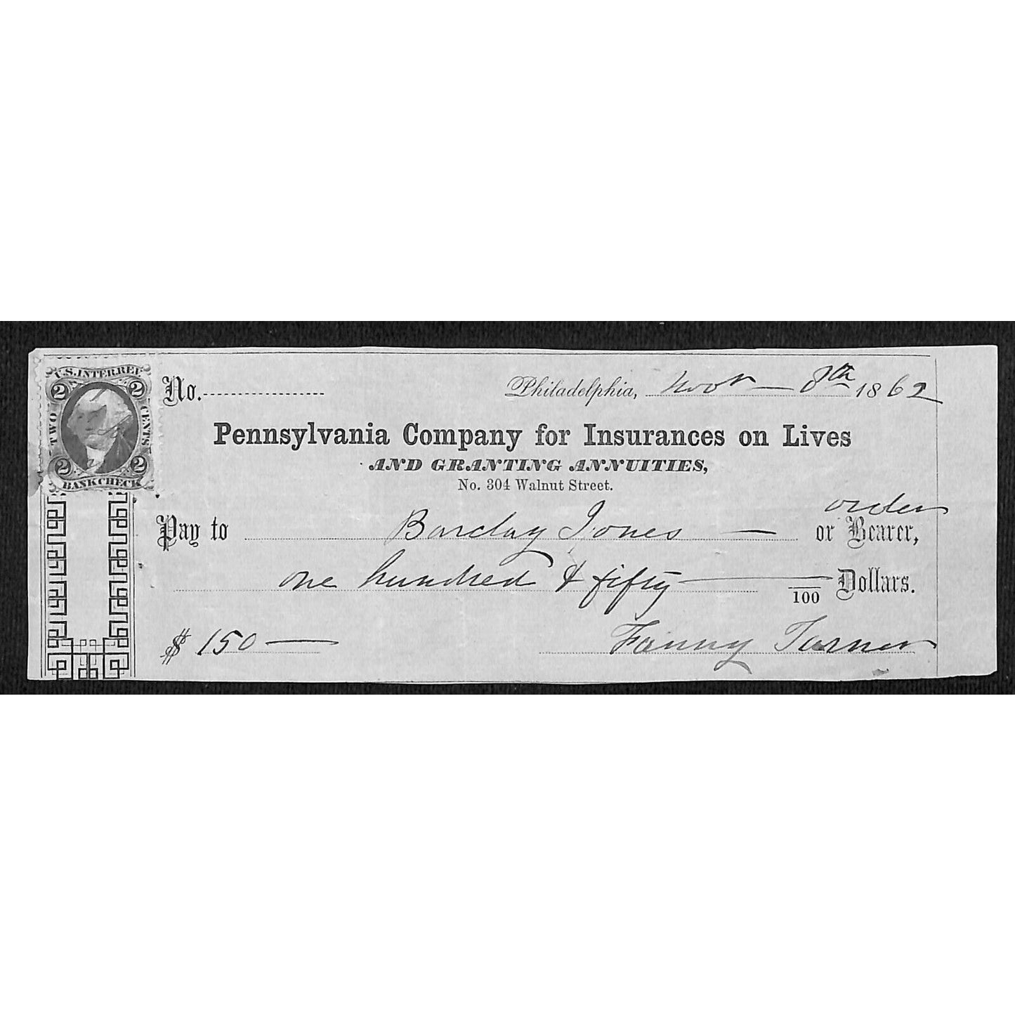 1862 Pennsylvania Co. for Insurances on Lives Check w/ Rev Stamp Barclay Jones