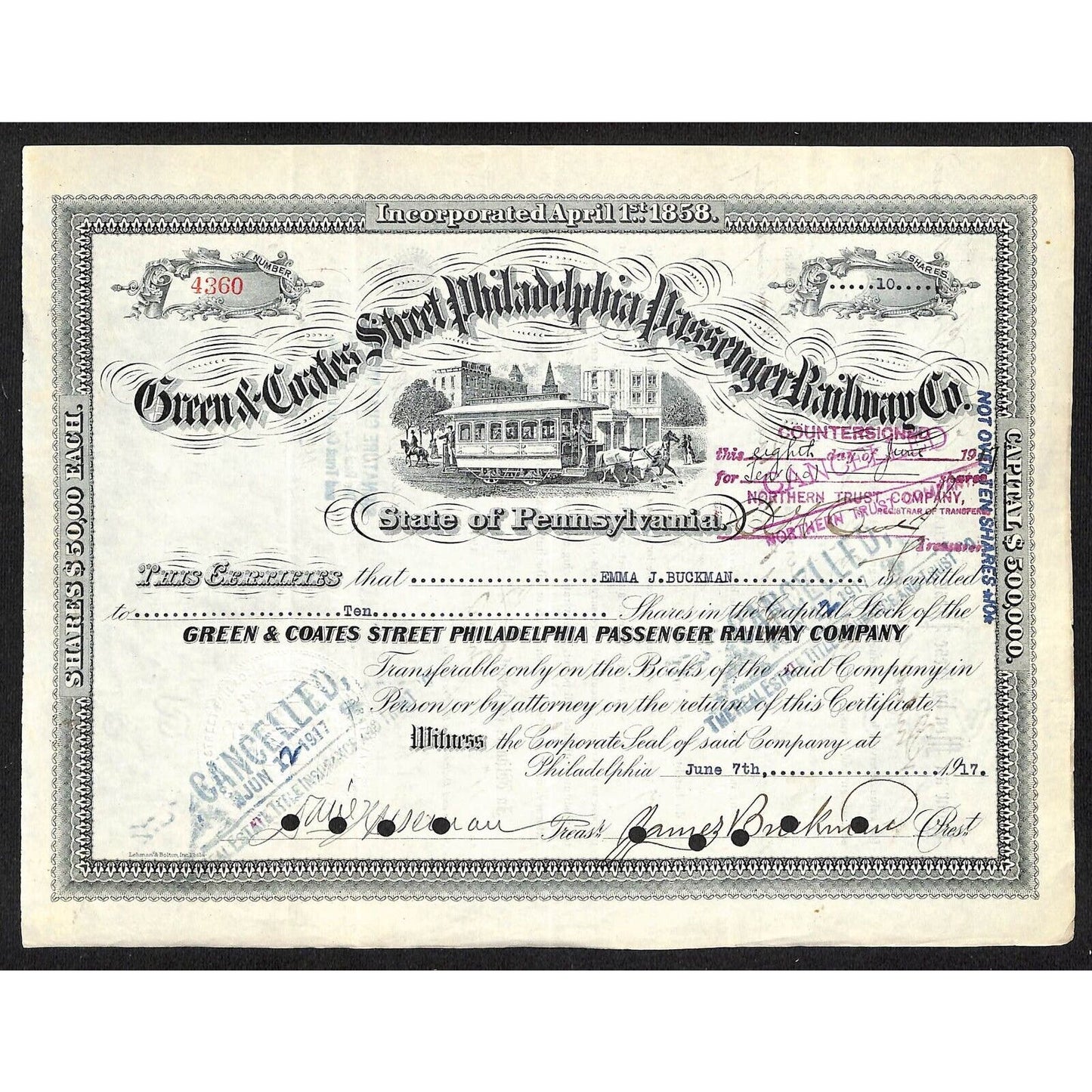 Green & Coates Street Philadelphia Passenger RY 1917 Stock Certificate #4360