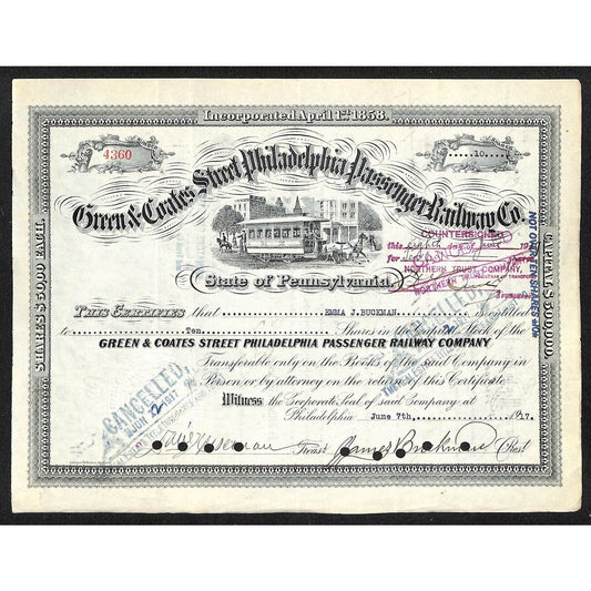 Green & Coates Street Philadelphia Passenger RY 1917 Stock Certificate #4360