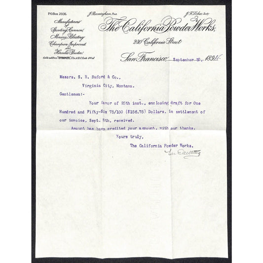 California Powder Works Hercules Dynamite 9/29 1894 Letterhead S.R. Buford*