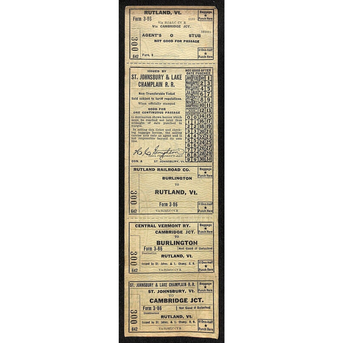 St. Johnsbury & Lake Champlain R.R. Burlington Rutland Cambridge Ticket c1941