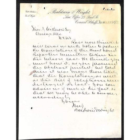 Baldwin & Wright Council Bluffs 1875 Letterhead re: Legal Matters