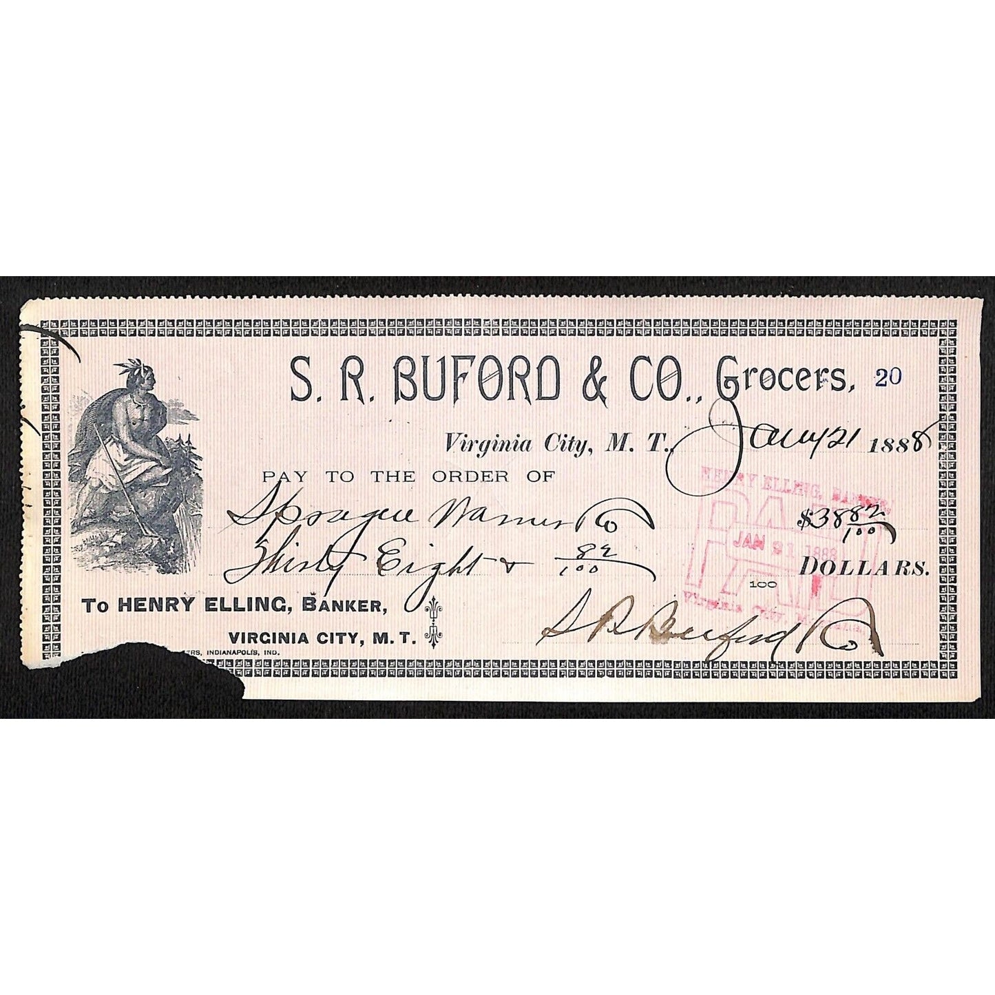 1888 Henry Elling Virginia City Montana Territory S.R. Buford Grocers Check #20