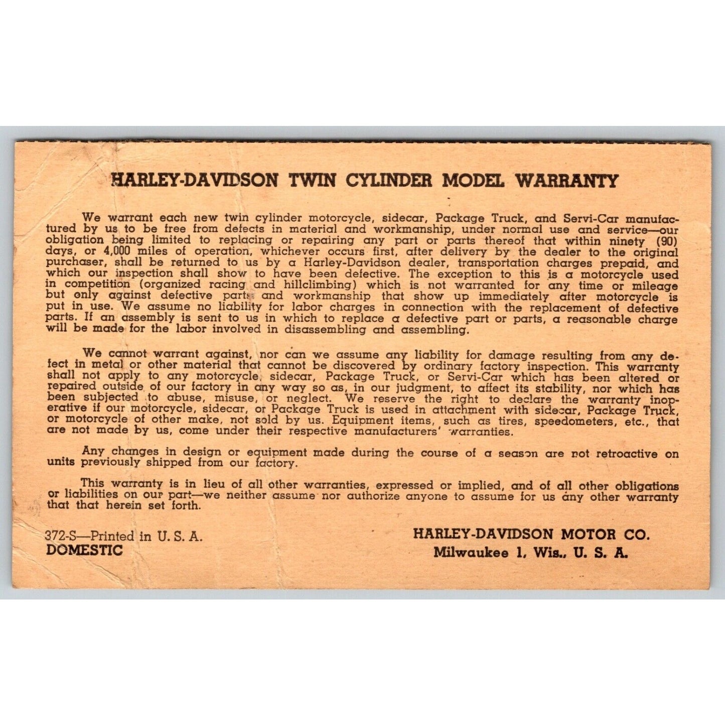 Harley Davidson 1953 Twin Cylinder Model Warranty Card