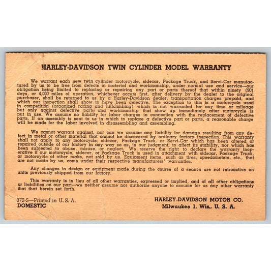 Harley Davidson 1953 Twin Cylinder Model Warranty Card
