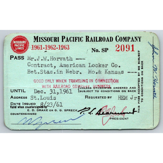 Missouri Pacific Railroad 1961-62-63 Yearly Train Pass #2091