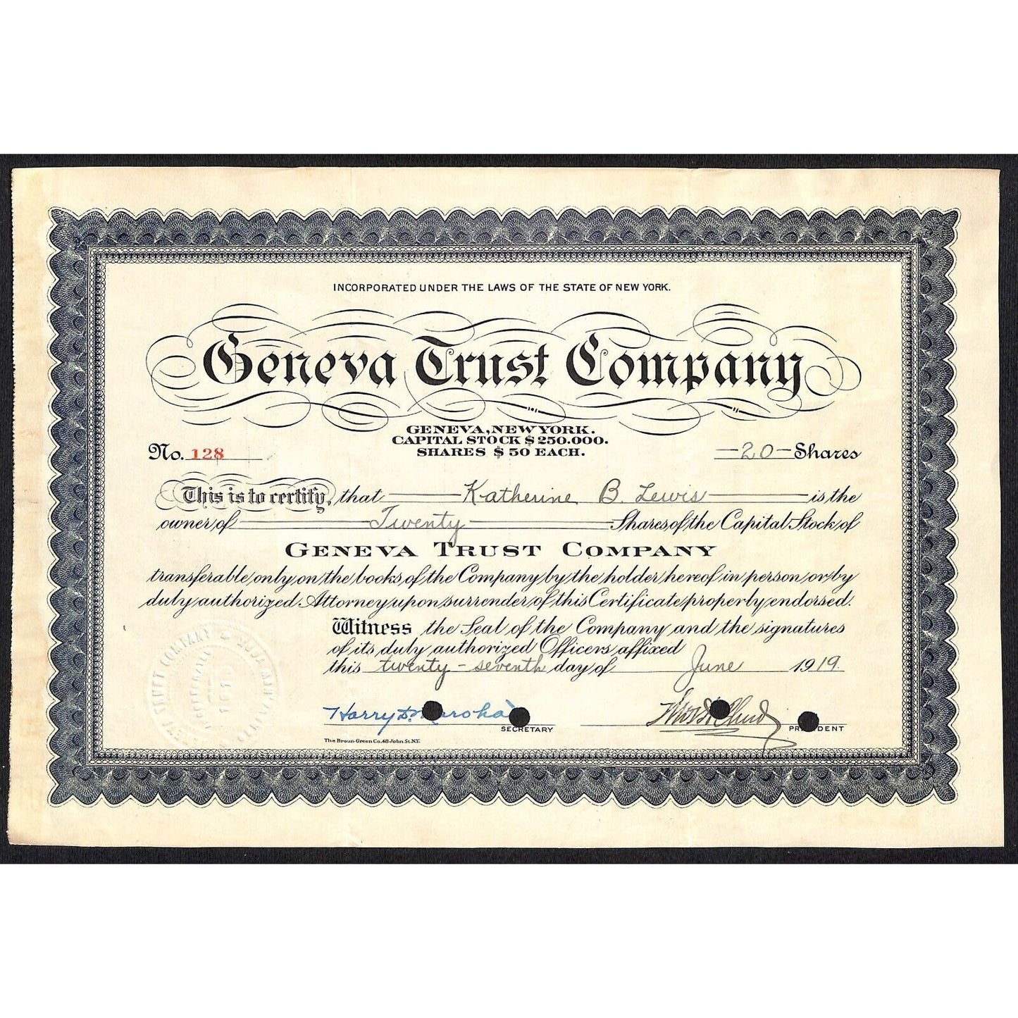 Geneva Trust Company NY 1919 Stock Certificate to Katherine B. Lewis #128 Tax
