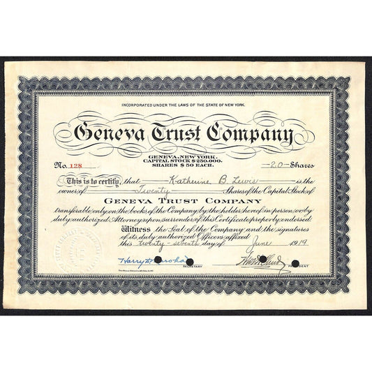 Geneva Trust Company NY 1919 Stock Certificate to Katherine B. Lewis #128 Tax