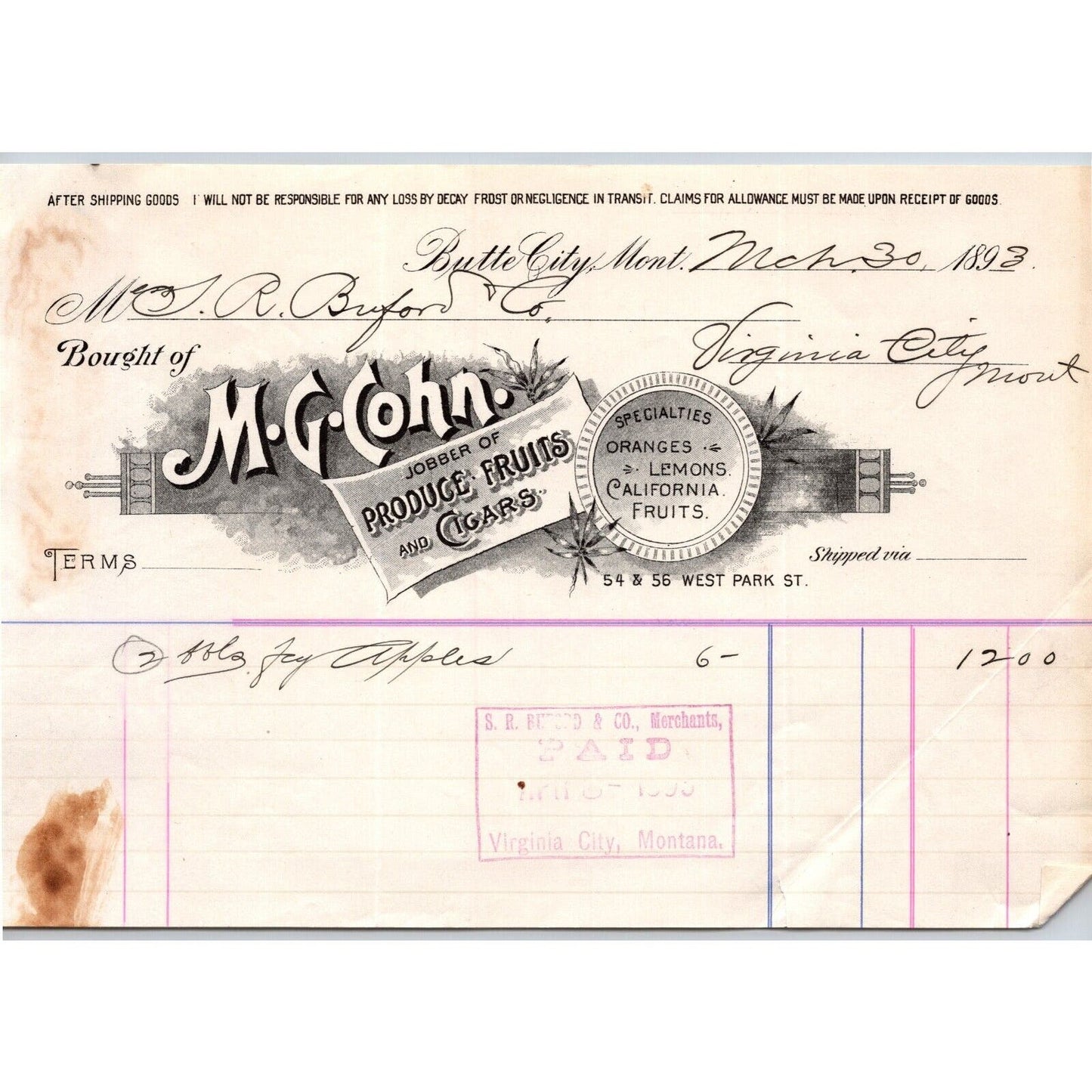 Butte City, MT M.G. Cohn Produce Fruits Cigars 1893 Billhead S.R. Buford*