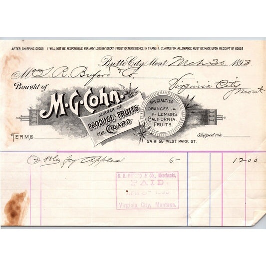 Butte City, MT M.G. Cohn Produce Fruits Cigars 1893 Billhead S.R. Buford*