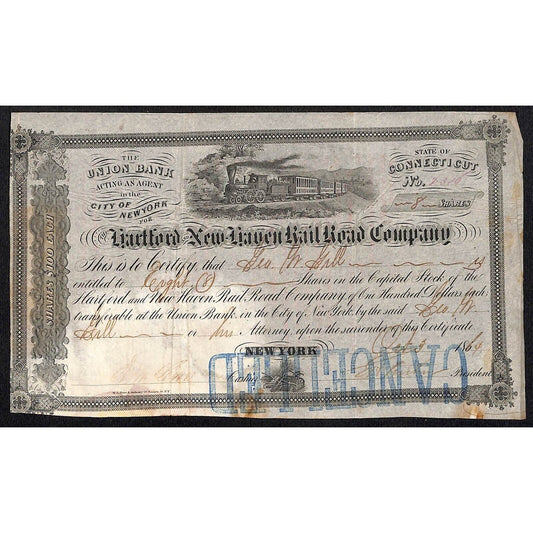 Hartford and New Haven Railroad 1850's / 1864 Stock Certificate #2310 Geo. Gill