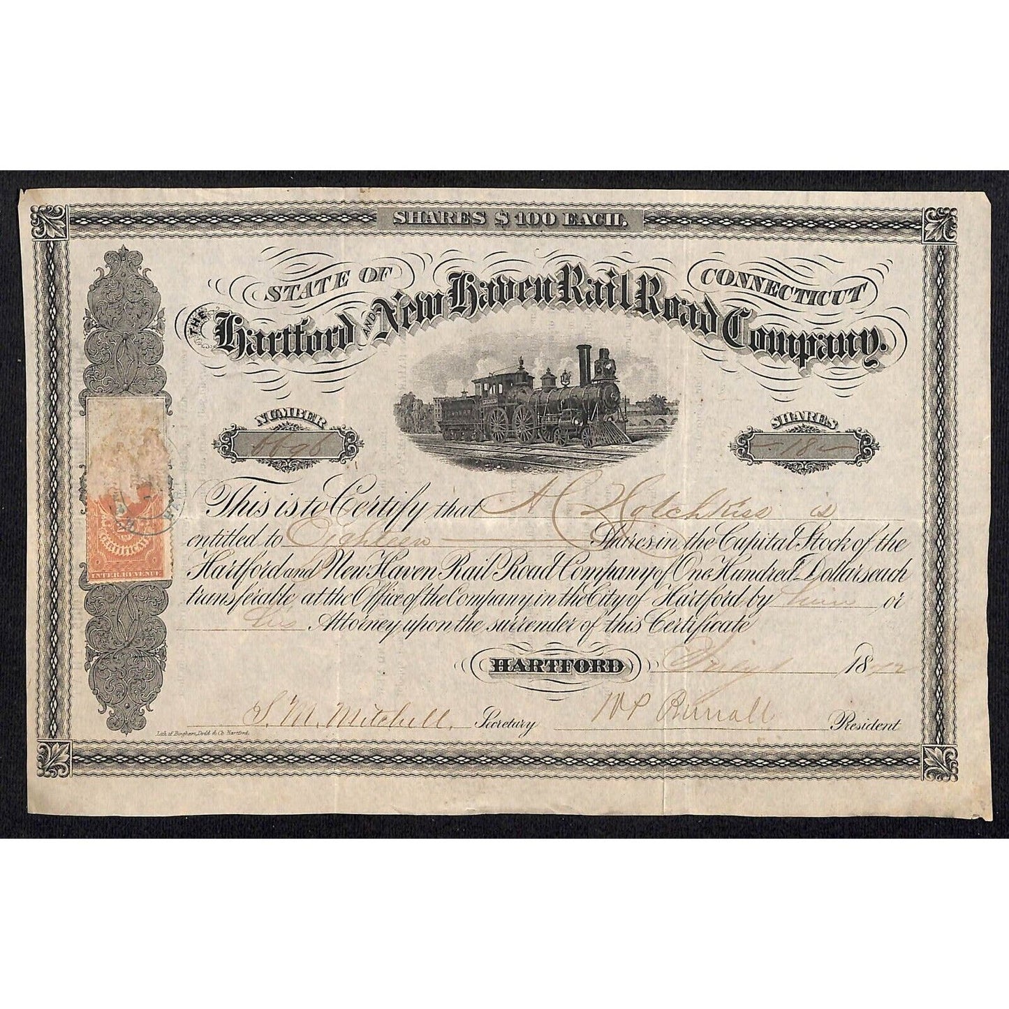 Hartford and New Haven Railroad 1872 Stock Certificate to: "H. Hotchkiss"