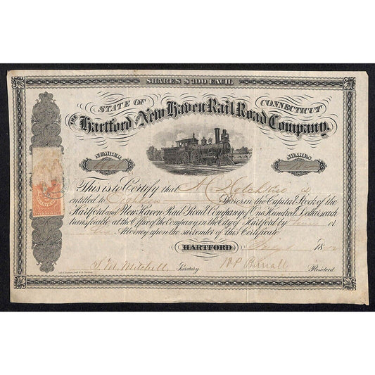 Hartford and New Haven Railroad 1872 Stock Certificate to: "H. Hotchkiss"