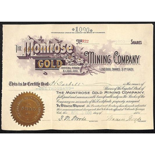 Montrose Gold Mining Co. 1900 Stock Certificate w/ Warren Woods Sig. #322