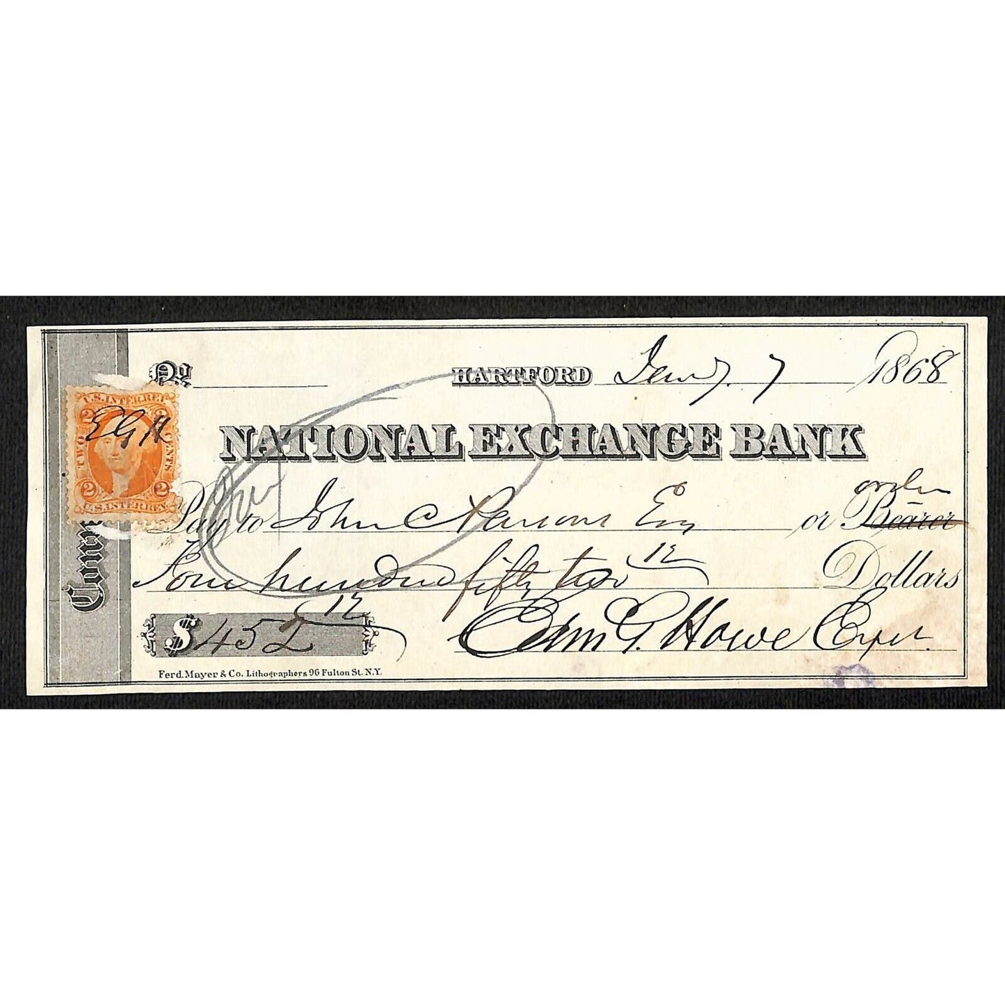 National Exchange Bank 1868 Hartford CT John C. Parsons ? Bank Check Tax Stamp