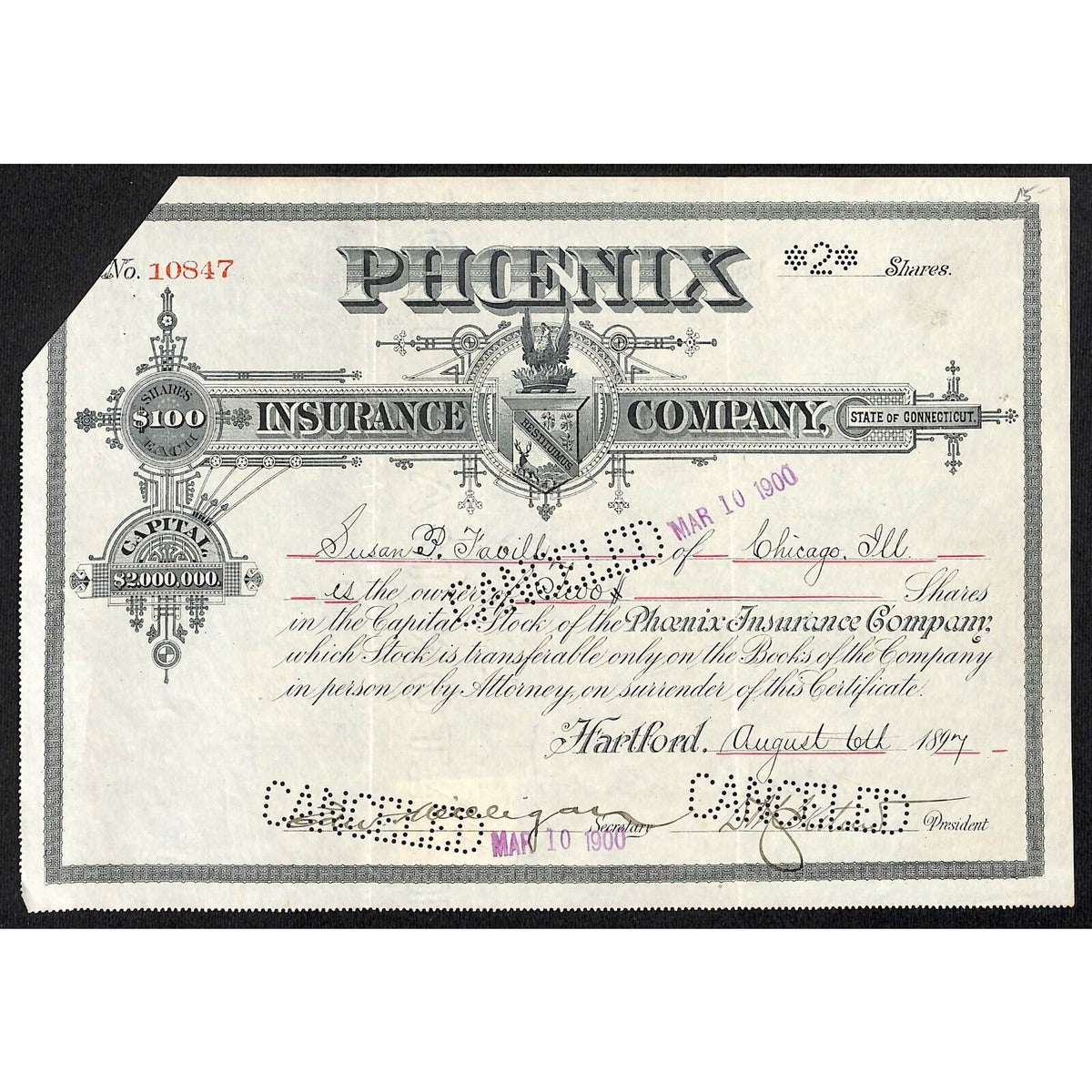 Phoenix Insurance Company of Connecticut 1897 Stock Certificate Susan Fanill ?