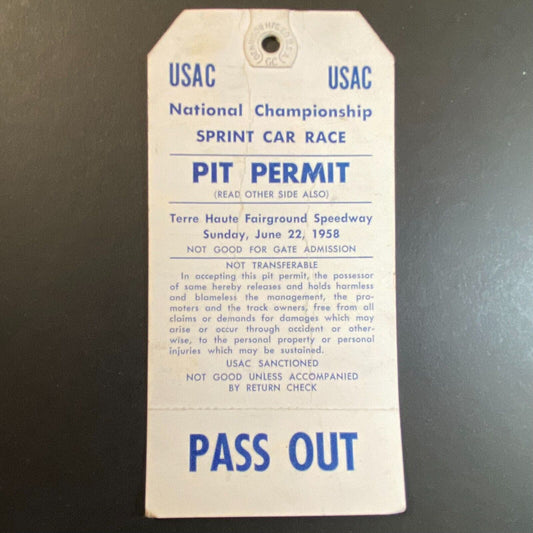 1958 USAC Terre Haute Fairground Speedway Racing Pit Permit Pass w/ Pass Out VGC