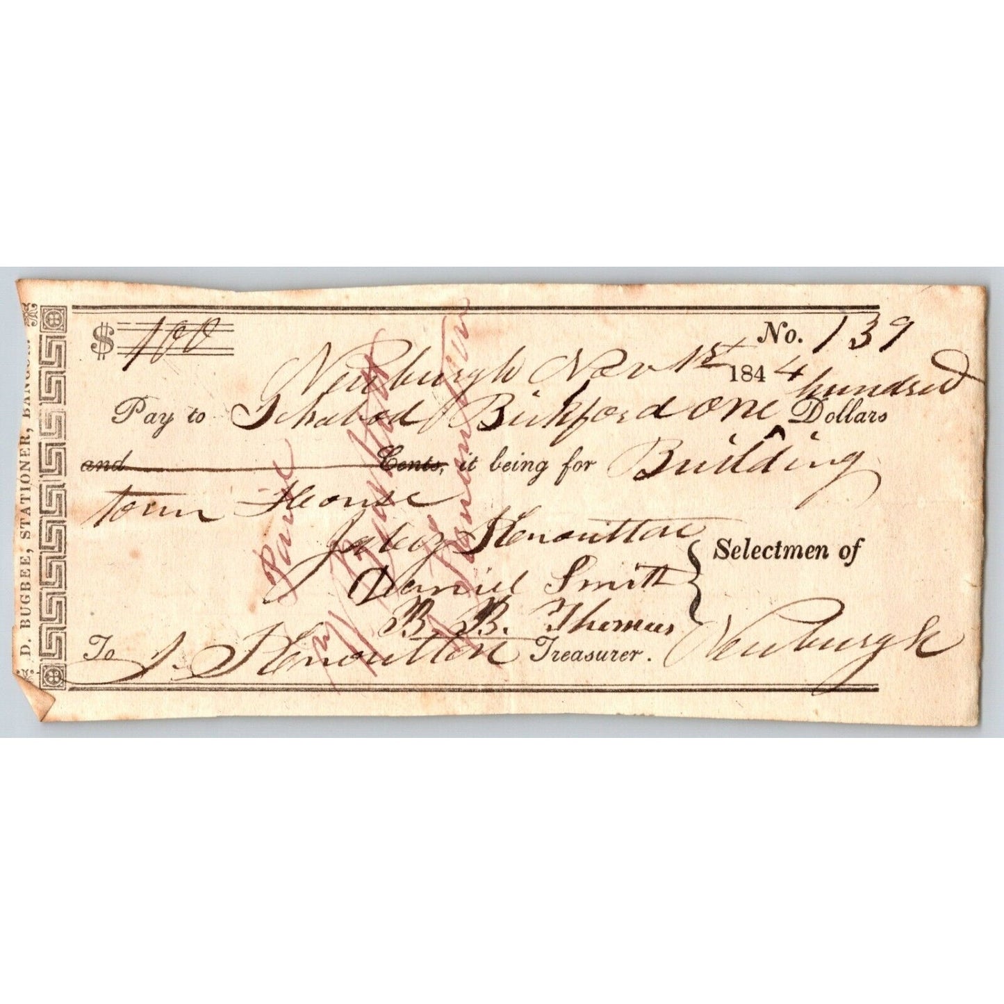 1844 Jabez Knowlton* Newburgh ME Town Check to Ichabod Bickford Building