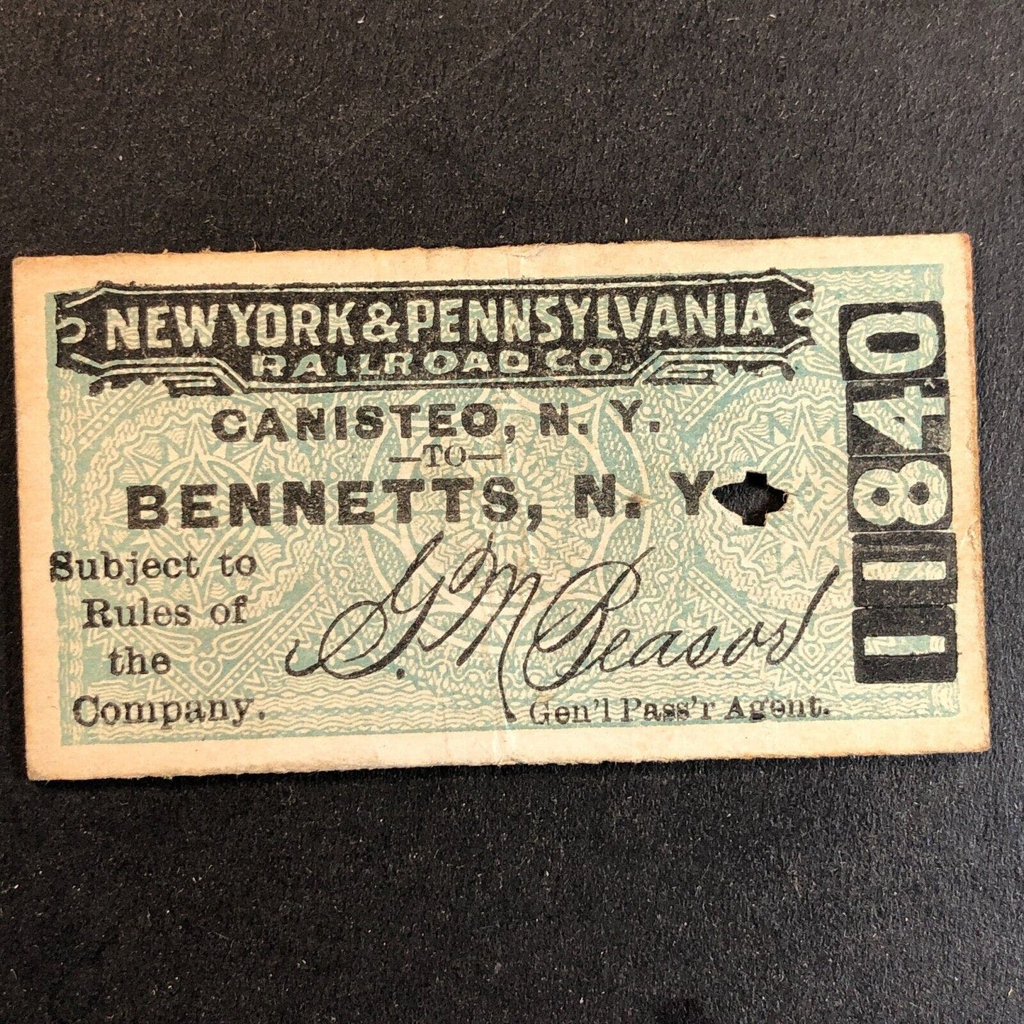New York & Pennsylvania Railroad July 27 1917 Bennetts, NY Ticket #11840