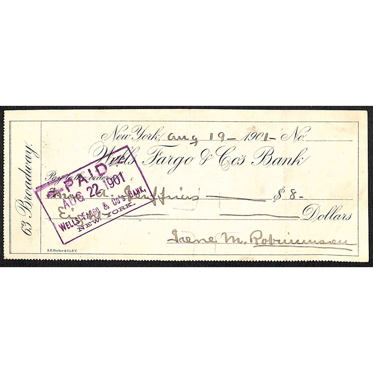 1901 Wells Fargo & Co Bank 63 Broadway NYC Check to A. Jefferies $8