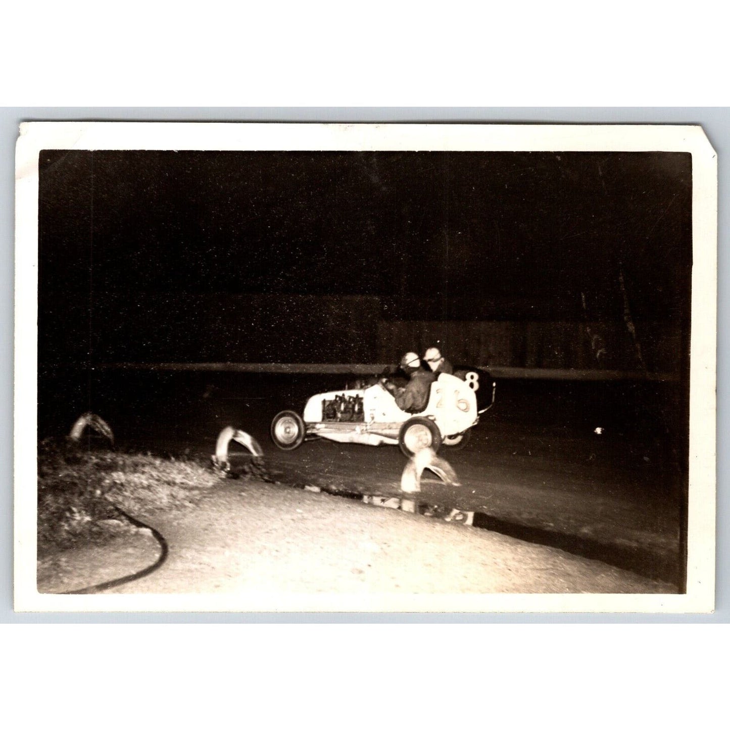 Auto Racing Cars Night Race Taking Corner c1940's Photo 3 1/4" x 5" Robinson