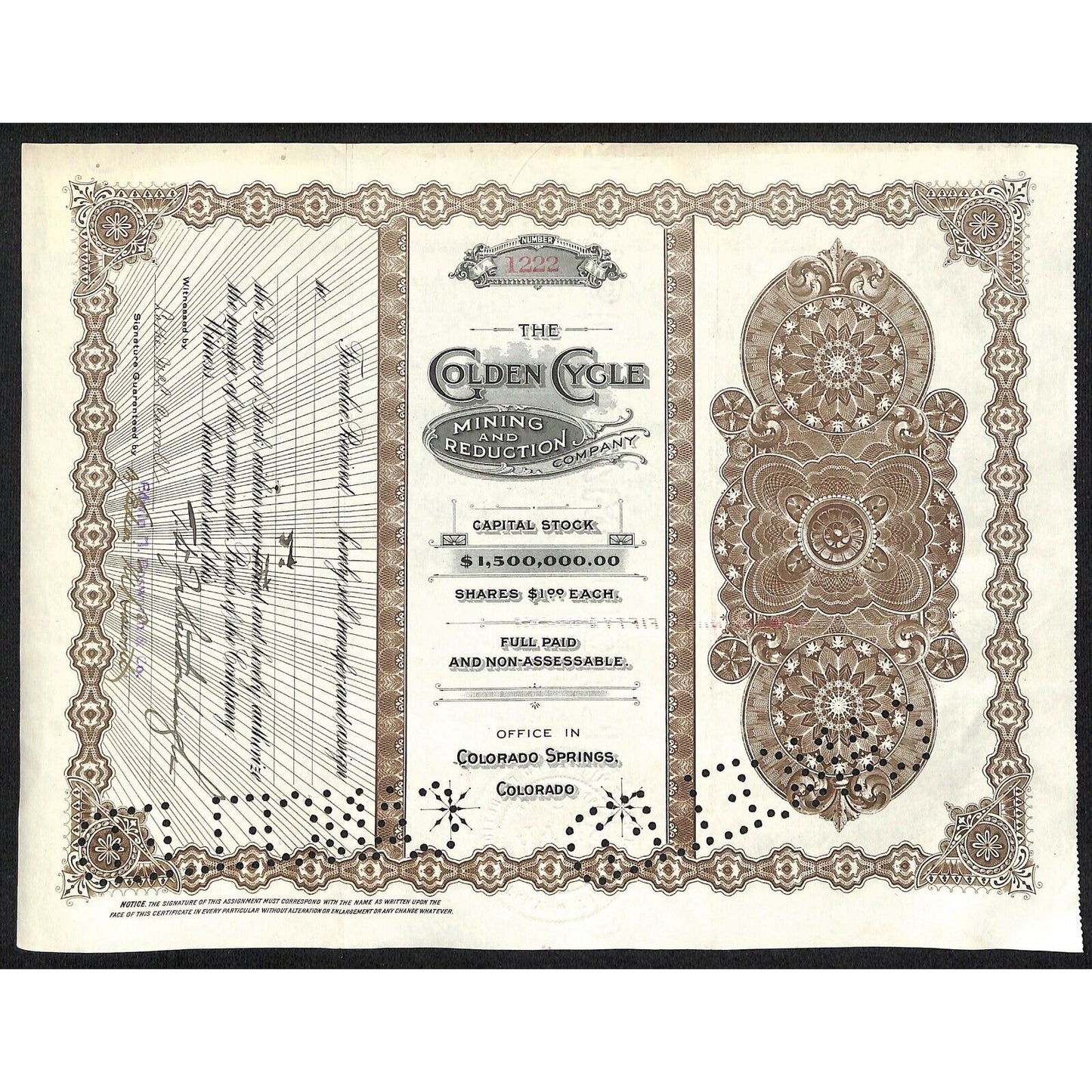 Golden Cycle Mining 1915 Stock Certificate w/ A.E. Carlton Sig. #1222