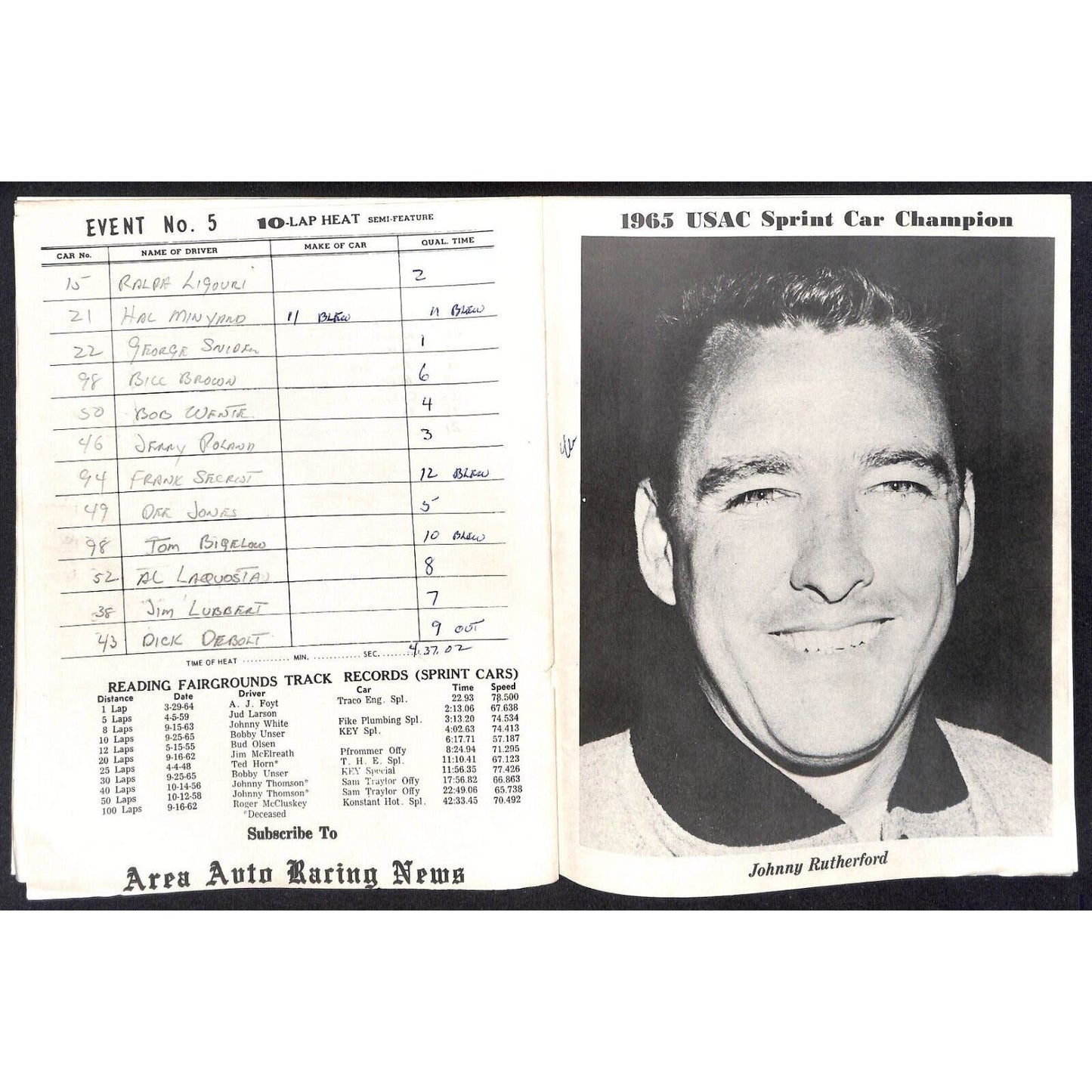 Reading Fairgrounds 1967 USAC Auto Races Program Sprint Car Greg Weld 12pp*