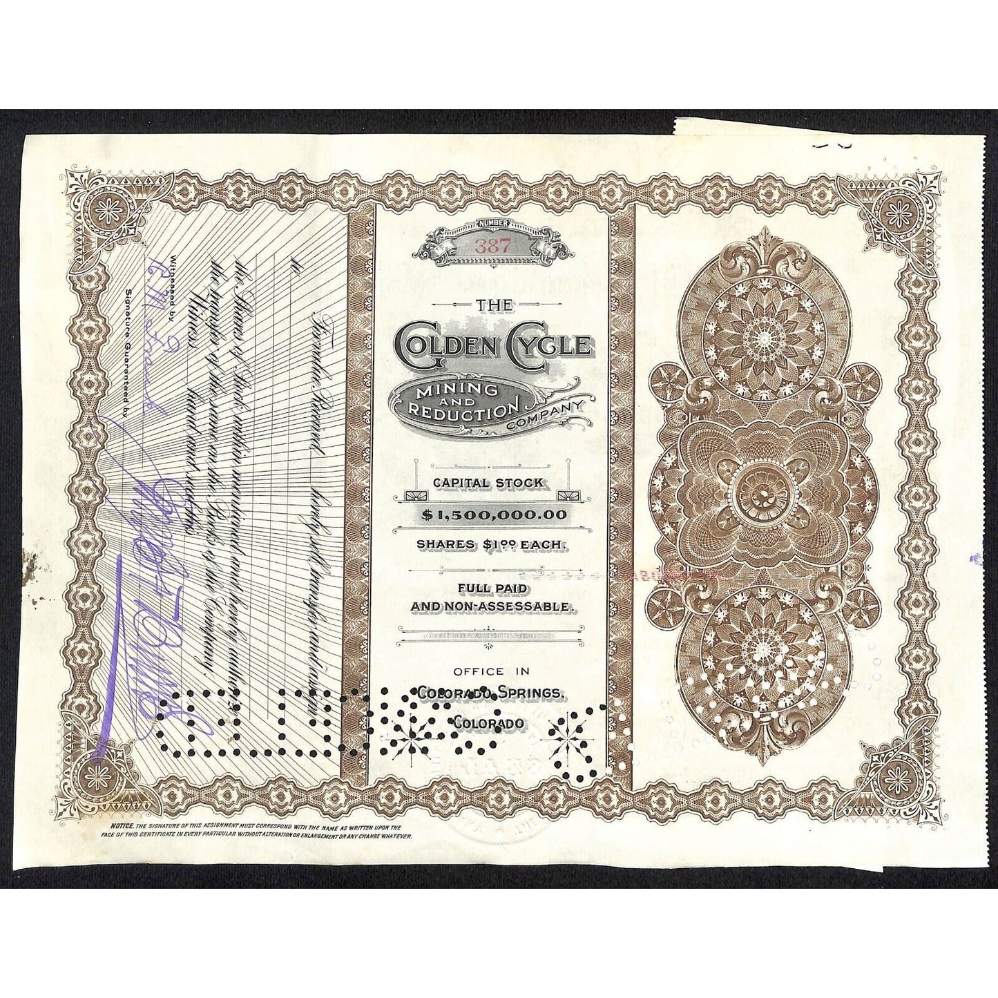 Golden Cycle Mining 1915 Stock Certificate w/ James F. Burns Sig. #387