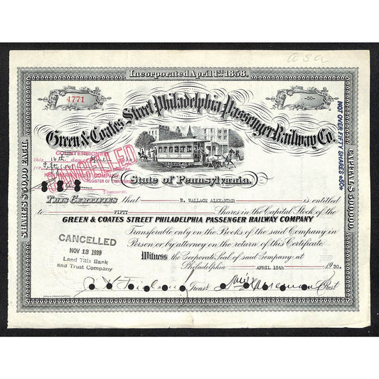 Green & Coates Street Philadelphia Passenger RY 1930 Stock Certificate #4771