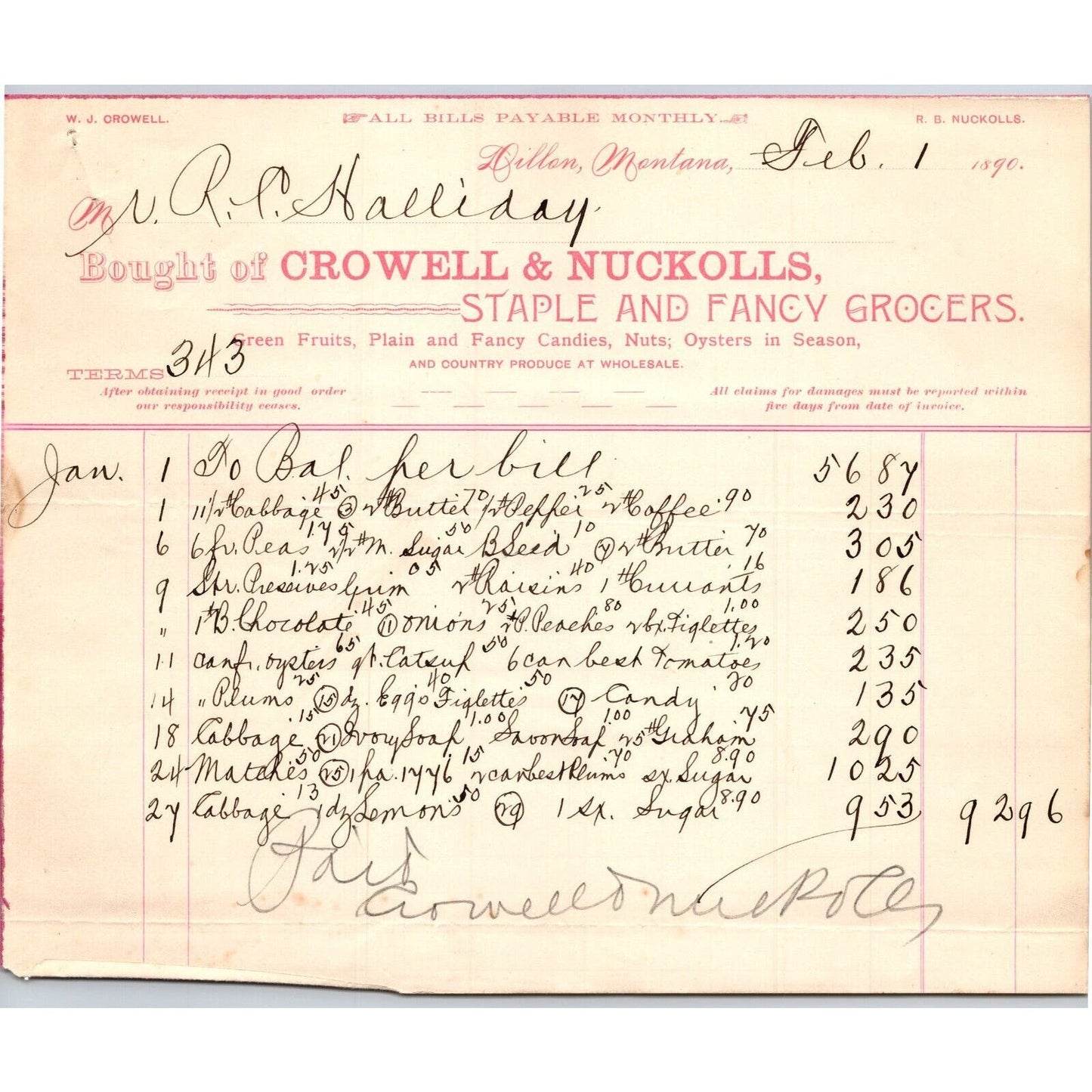 Dillon MT Crowell & Nuckolls Feb. 1890 Billhead Fancy Groceries R.C. Halliday*
