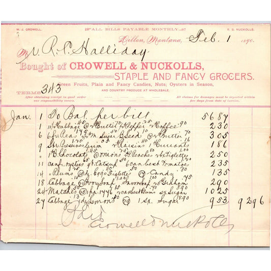 Dillon MT Crowell & Nuckolls Feb. 1890 Billhead Fancy Groceries R.C. Halliday*