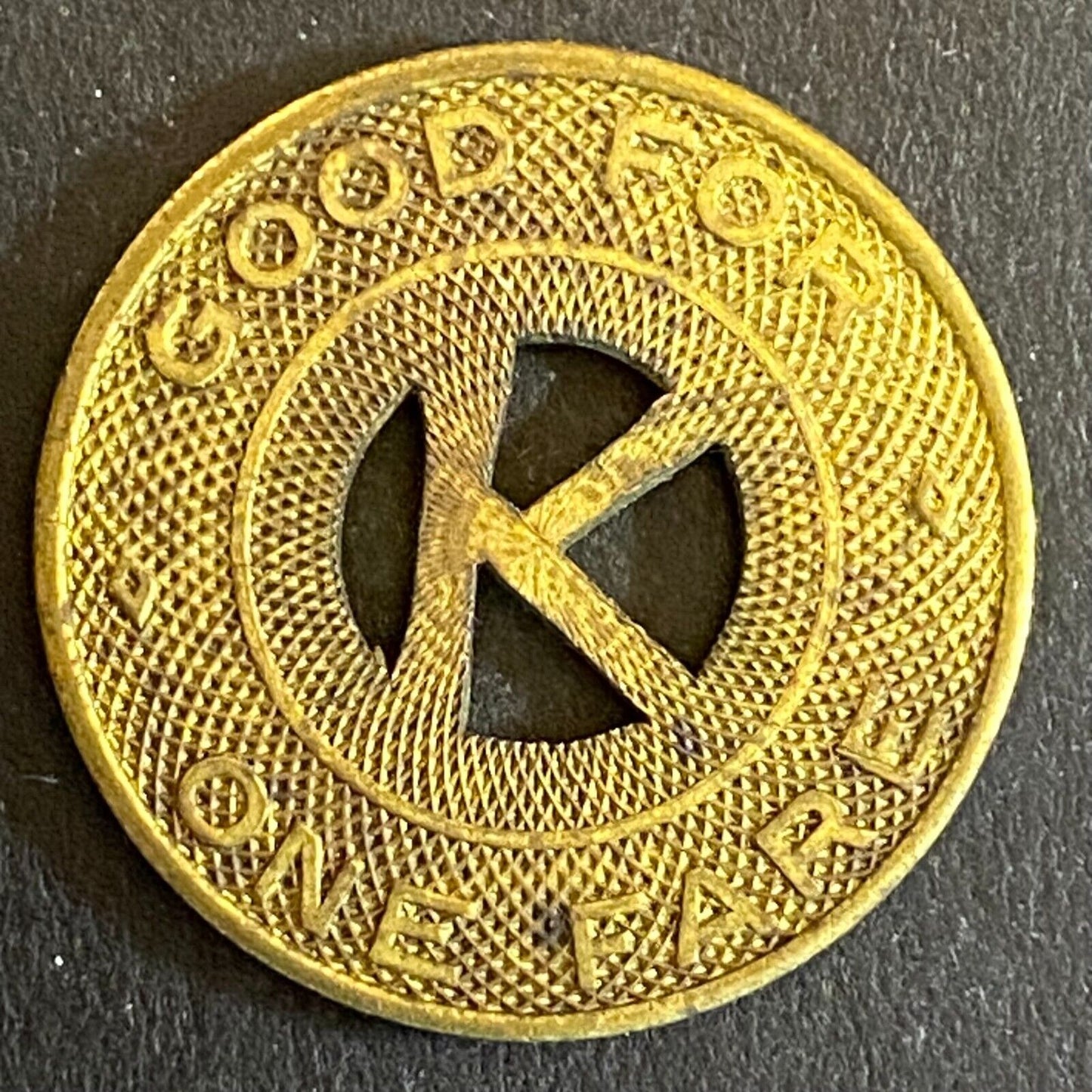 Dept of Transp Kalamazoo, Mich G/F One Fare Transit Token "K" 23mm Scarce