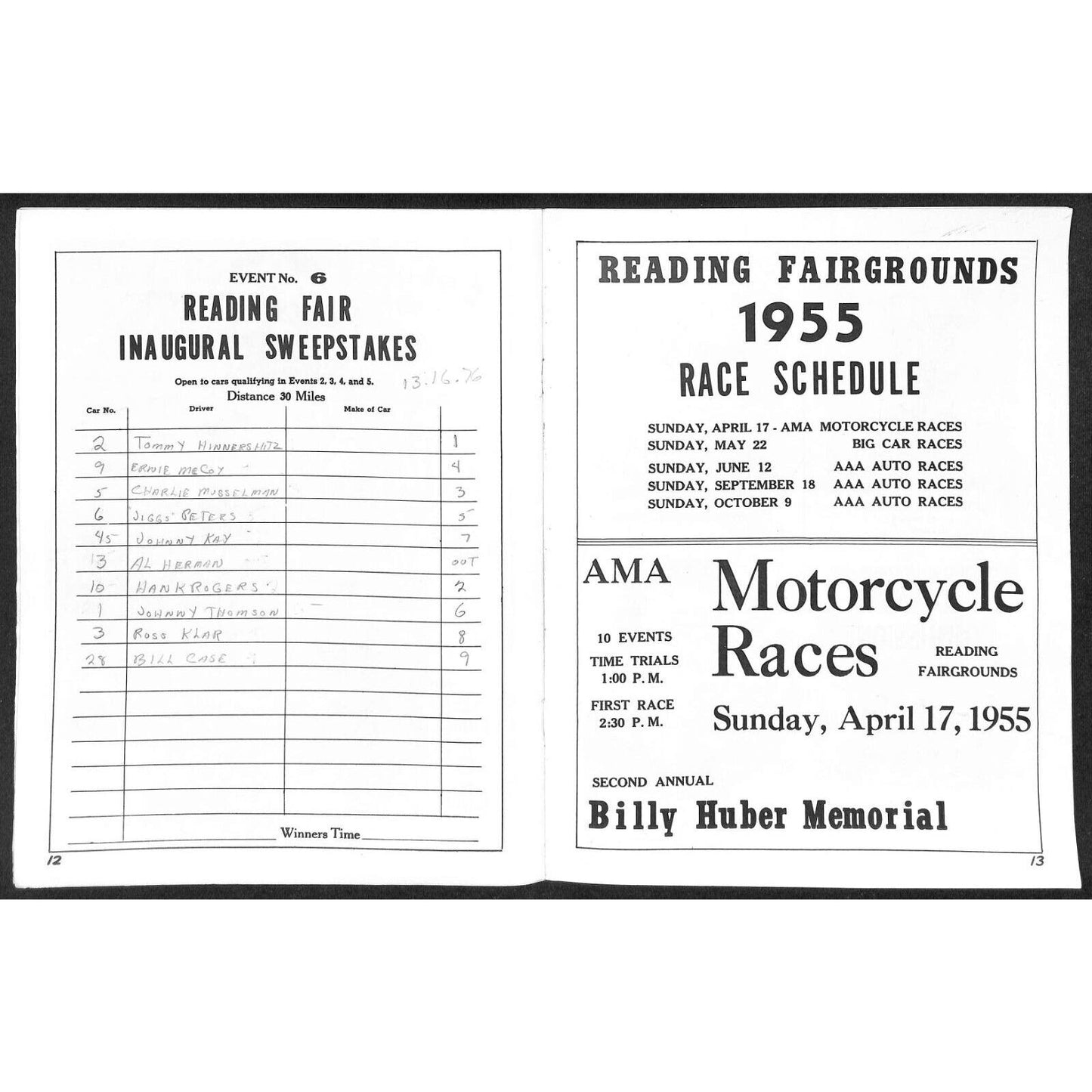 Reading Fairgrounds 1955 Auto Races AAA Racing Program 12pp* VGC Scarce