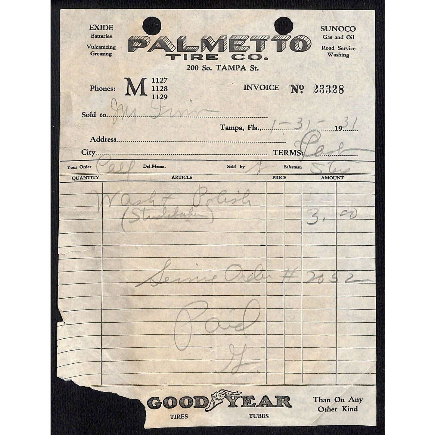 Goodyear Tire / Palmetto Tire Co. Sunoco Tampa, FL 1931 Billhead