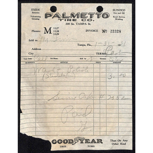 Goodyear Tire / Palmetto Tire Co. Sunoco Tampa, FL 1931 Billhead