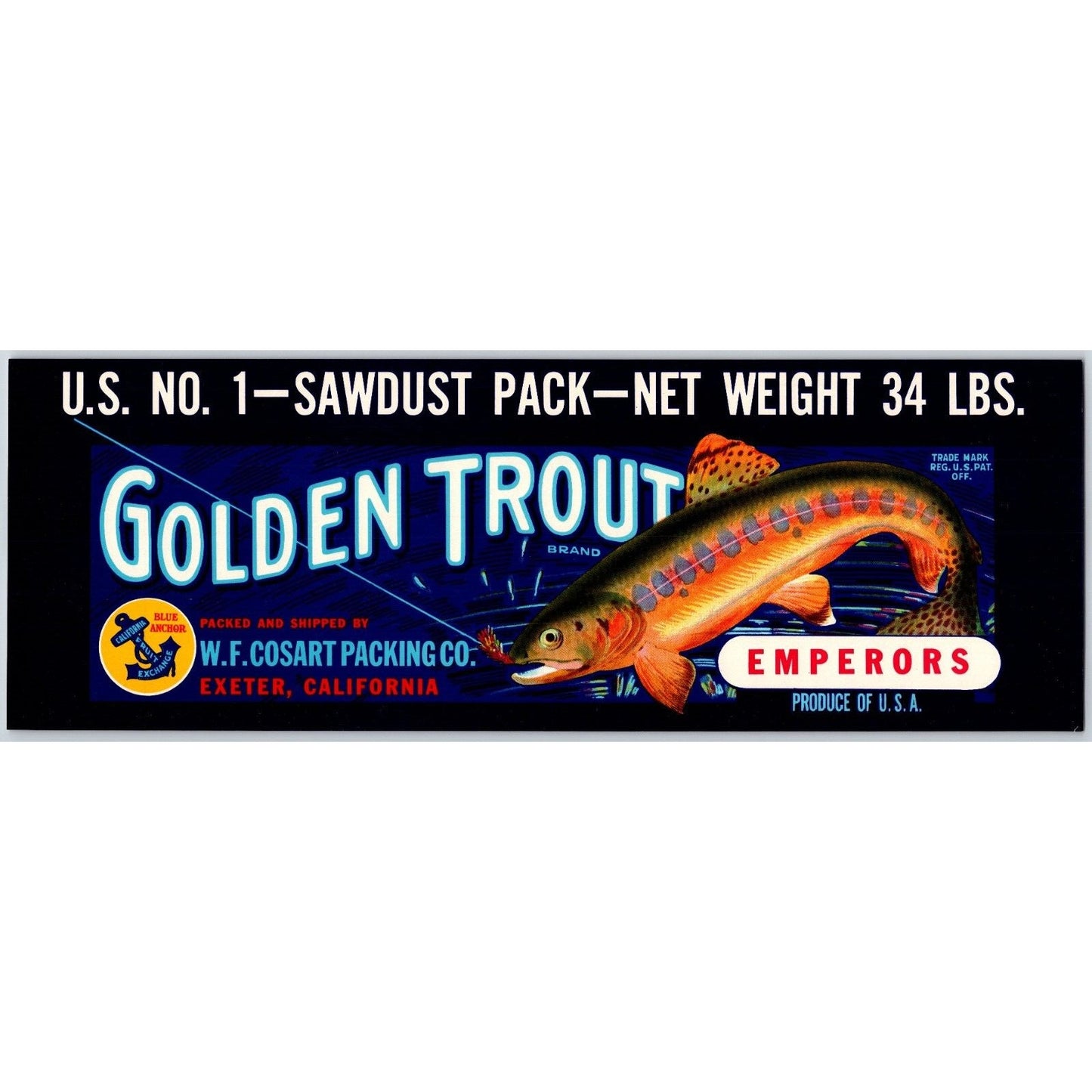 "Golden Trout" Blue Anchor Exeter, CA Paper Crate Label c1940's Fishing Lure