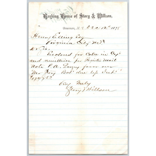 Banking House of Story & Nelson Bozeman, MT 12/12 1878 Letterhead Henry Elling*