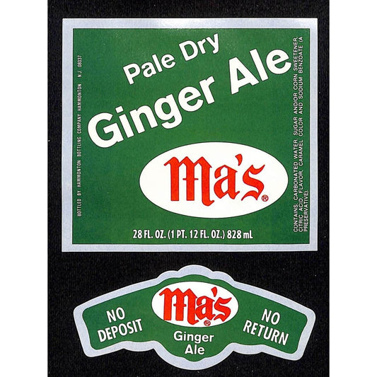 Ma's Pale Dry Ginger Ale Soda Paper Label Set c1970's-80's