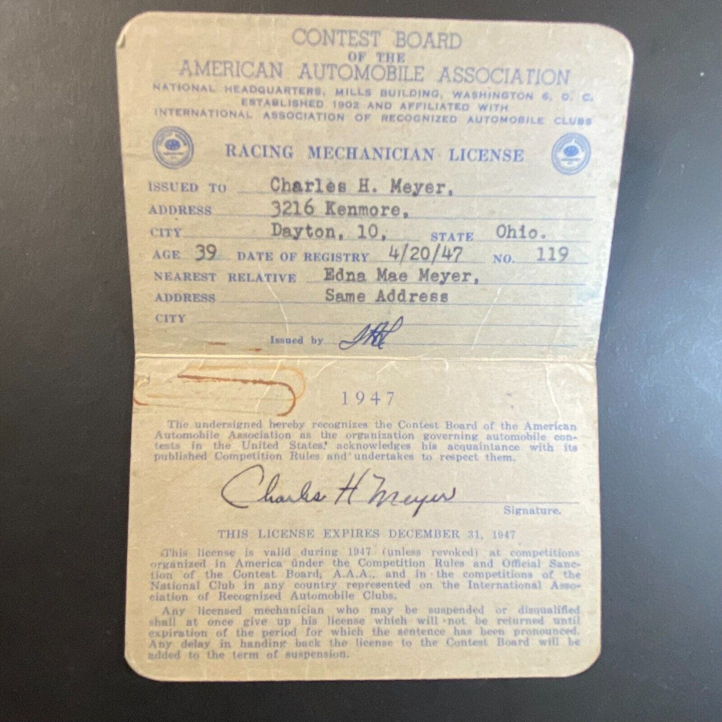 1947 AAA "Racing Mechanician License" "Charles Henry Meyer" ID Card - Scarce