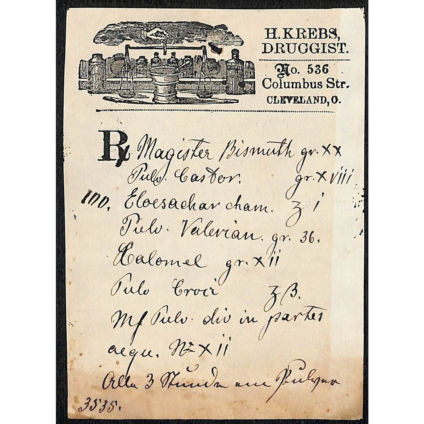 H. Krebs, Druggist Columbus St. Cleveland c1870's* Prescription #3535