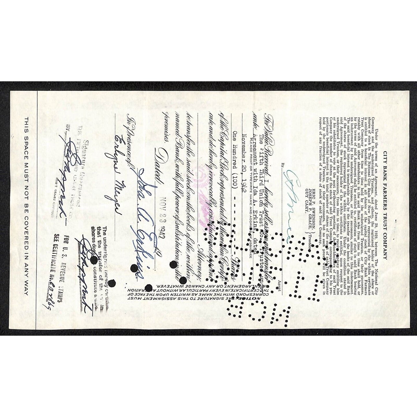 National City Bank of New York 1939 Stock Certificate Ida A. Erkins NCB of NY