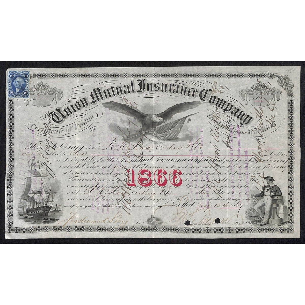 Union Mutual Insurance Co. NY 1866 Stock Certificate R.C. Root, Anthony & Co*