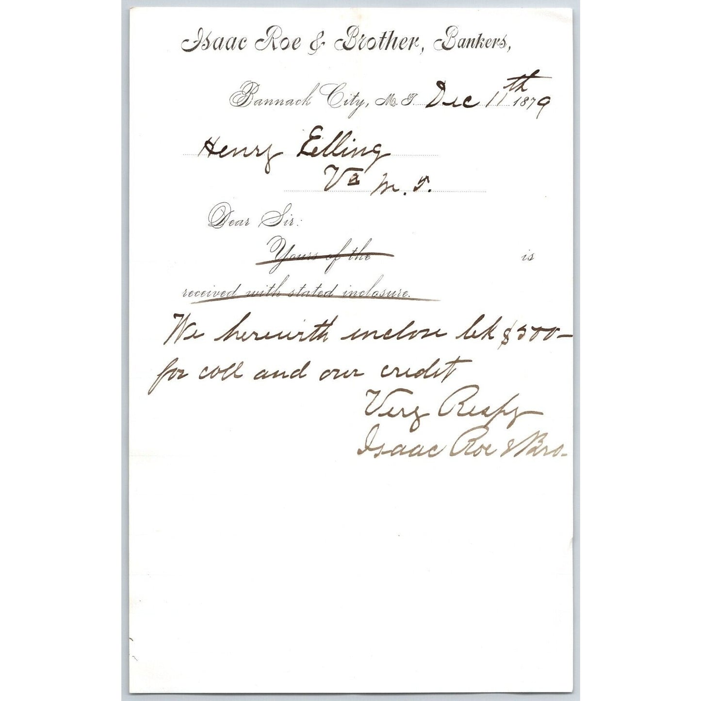 Isaac Roe & Brother, Banker Bannack City, MT 1879 Statement - Henry Elling*