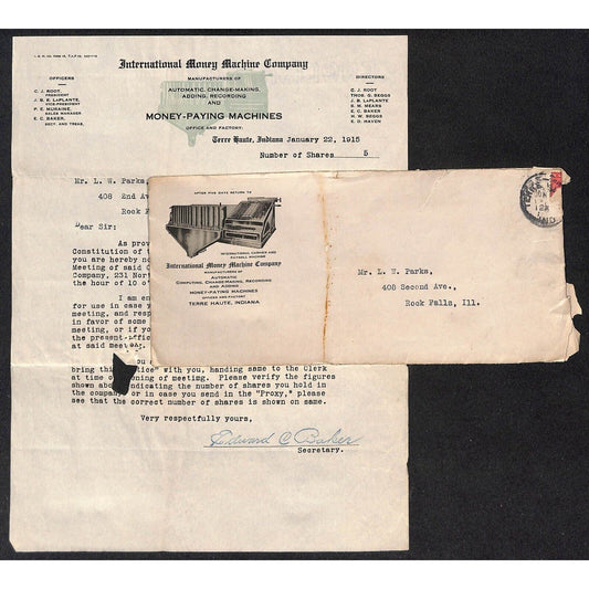 International Money Machine Co. Terre Haute, IN 1915 Letterhead & Cover