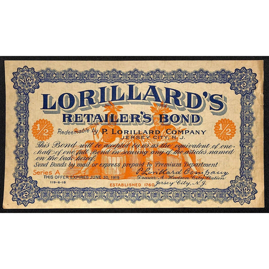 Lorillard's "Retailer's Bond" Jersey City, NJ 1915 Premium Certificate Scarce VG